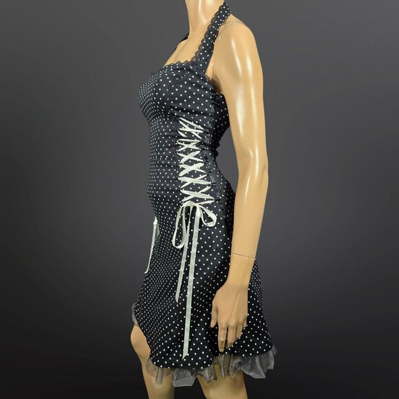 Y2K Vexy Black Polka Dot Corset Dress Size XS Goth Scene Retro 50s Rockabilly - Picture 7 of 15